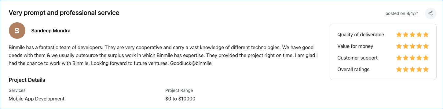 Client review | Binmile Technologies