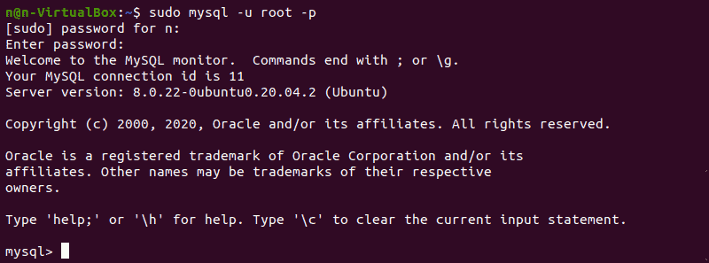 The mysql prompt showing that the user is logged in to the MySQL shell. | Binmile