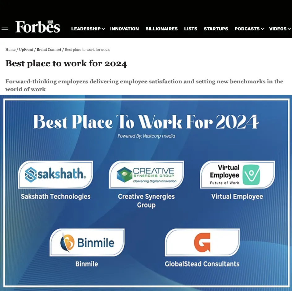 Best Place to Work in 2024 by Forbes Magazine | Binmile